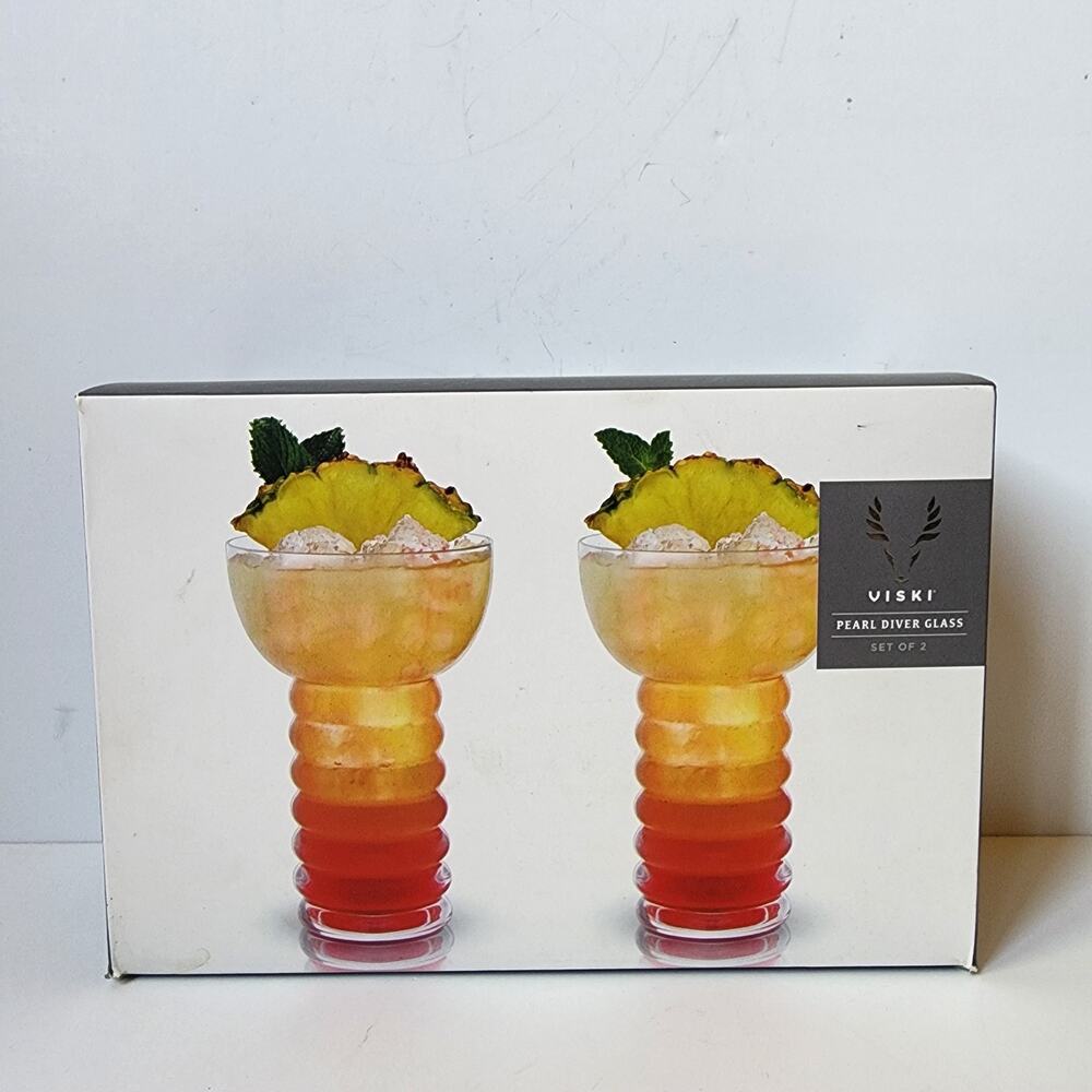 Viski Pearl Diver Glasses Set Of 2 Lead Free Crystal Tiki Drink New In Box